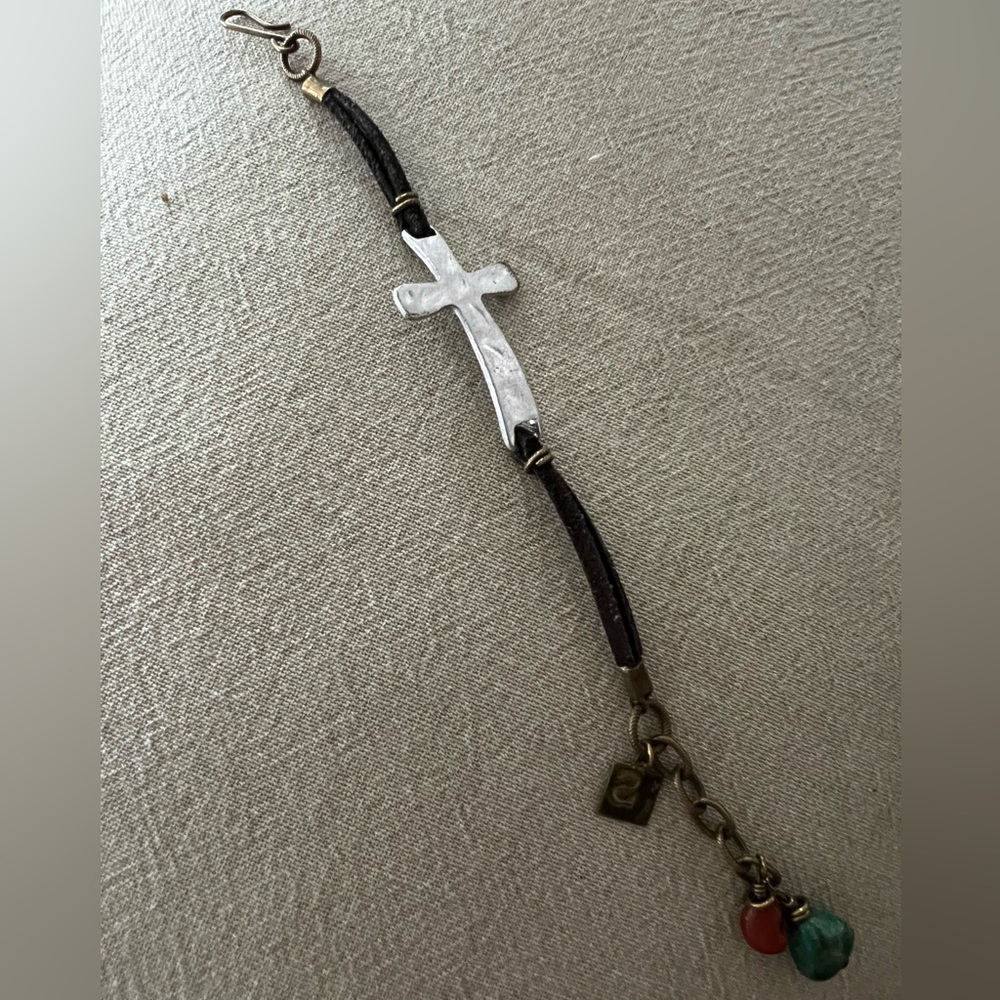 Sundance Sterling Cross Bracelet with Brown Cord